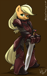 Size: 1000x1622 | Tagged: safe, artist:atryl, applejack, anthro, unguligrade anthro, armor, solo, sword, weapon