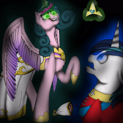 Size: 3000x3000 | Tagged: safe, artist:littlekissette, princess cadance, queen chrysalis, shining armor, alicorn, changeling, changeling queen, pony, unicorn, disguise, disguised changeling, fake cadance, glowing eyes