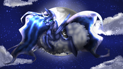 Size: 2500x1406 | Tagged: safe, artist:michyfactory, princess luna, alicorn, pony, cloud, magic, moon, night, prone, solo, stars