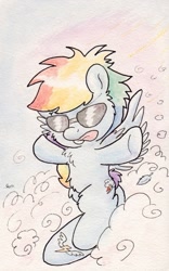 Size: 737x1179 | Tagged: safe, artist:slightlyshade, rainbow dash, pegasus, pony, cloud, cloudy, solo, sunglasses, surfing, tongue out, traditional art