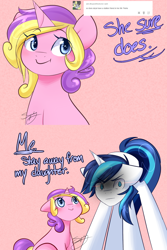 Size: 1280x1920 | Tagged: safe, artist:sugarberry, princess skyla, shining armor, pony, unicorn, ask-cadance, comic, death stare, father and child, father and daughter, female, filly, male, offspring, overprotective, overprotective armor, parent and child, parent:princess cadance, parent:shining armor, parents:shiningcadance, stallion