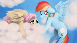 Size: 2560x1440 | Tagged: safe, artist:incendiaryboobs, fluttershy, rainbow dash, pegasus, pony, cloud, cowering, duo, duo female, encouragement, female, floppy ears, flying, goggles, grin, implied flutterdash, implied lesbian, implied shipping, looking at each other, mare, mood contrast, on a cloud, prone, sky, smiling, spread wings, wings