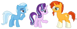 Size: 5188x2000 | Tagged: safe, alternate version, artist:sketchmcreations, derpibooru import, starlight glimmer, sunburst, trixie, unicorn, the last problem, counselor trixie, female, looking at each other, male, mare, open mouth, raised hoof, simple background, smiling, stallion, transparent background, trio, vector