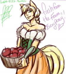 Size: 1280x1444 | Tagged: safe, artist:lady-fitz, applejack, apple, clothes, dress, eared humanization, humanized, simple background, solo, tailed humanization