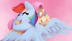 Size: 2560x1440 | Tagged: safe, artist:incendiaryboobs, fluttershy, rainbow dash, pegasus, pony, hurricane fluttershy, bust, duo, duo female, eyes closed, female, flying, goggles, hug, implied flutterdash, implied lesbian, implied shipping, mare, open mouth, pink sky, scene interpretation, shipping fuel, sky, smiling, spread wings, wings