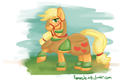 Size: 500x340 | Tagged: safe, artist:kamaete-ink, applejack, earth pony, pony, armor, bridle, clothes, raised hoof, solo