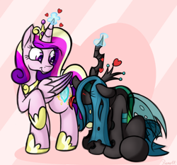 Size: 1500x1400 | Tagged: safe, artist:ramott, princess cadance, queen chrysalis, alicorn, changeling, changeling queen, pony, blushing, eyes closed, female, heart, hearts and hooves day, lesbian, love magic, magic, mare, mind control, open mouth, power of love, raised hoof, smiling, tongue out, valentine's day