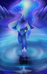 Size: 2550x4000 | Tagged: safe, artist:snowdeer97, nightmare moon, princess luna, alicorn, pony, duality, floppy ears, flying, looking down, reflection, ripple, solo, stars, water