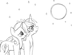 Size: 1060x816 | Tagged: safe, artist:blazelupine, derpibooru import, trixie, oc, oc:pickles, pony, unicorn, duo, female, looking up, male, monochrome, moon, night, simple background, stars, traditional art, trikles, white background