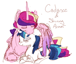 Size: 1280x1085 | Tagged: safe, artist:nobody, gleaming shield, princess cadance, shining armor, alicorn, pony, unicorn, cuddling, female, gleaming cadance, half r63 shipping, hug, lesbian, male, rule 63, shiningcadance, shipping, sketch, snuggling, straight, winghug