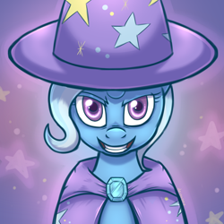 Size: 720x720 | Tagged: safe, artist:deyogee, derpibooru import, trixie, pony, unicorn, clothes, female, grin, looking at you, mare, smiling, solo