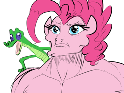 Size: 800x600 | Tagged: safe, artist:sunibee, gummy, pinkie pie, anthro, crying, manly tears, muscles, pinkie pump