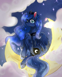 Size: 677x835 | Tagged: safe, artist:kinda-l, princess luna, alicorn, pony, crescent moon, moon, sitting, solo, stars, tangible heavenly object, transparent moon