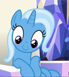 Size: 838x940 | Tagged: safe, derpibooru import, screencap, trixie, pony, unicorn, all bottled up, cropped, cute, diatrixes, female, friendship throne, mare, sitting, smiling, solo