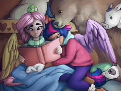 Size: 4000x3000 | Tagged: safe, artist:incendiaryboobs, angel bunny, fluttershy, harry, twilight sparkle, bear, bird, ferret, human, blanket, book, female, humanized, lesbian, shipping, twishy, winged humanization, wings