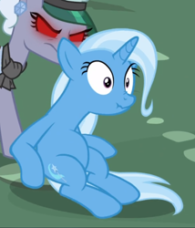 Size: 636x743 | Tagged: safe, derpibooru import, screencap, trixie, pony, unicorn, all bottled up, cropped, female, mare, scrunchy face, sitting