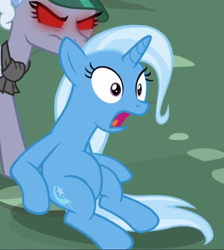 Size: 630x704 | Tagged: safe, derpibooru import, screencap, trixie, pony, unicorn, all bottled up, cropped, female, mare, open mouth, scared, sitting