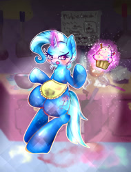 Size: 1598x2108 | Tagged: safe, artist:doubt, derpibooru import, trixie, pony, unicorn, apron, clothes, cupcake, female, food, mare, solo