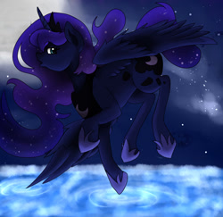 Size: 824x800 | Tagged: safe, artist:thecrystaleevee, princess luna, alicorn, pony, flying, moon, night, ripple, solo, water