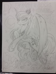 Size: 1536x2048 | Tagged: safe, artist:andypriceart, princess luna, alicorn, pony, looking at you, monochrome, raised hoof, smirk, solo, traditional art