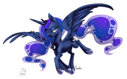 Size: 1000x622 | Tagged: safe, artist:moenkin, princess luna, alicorn, pony, horseshoes, patreon, signature, simple background, solo, transparent background