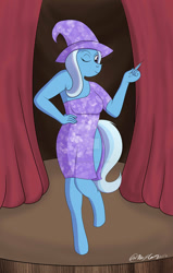 Size: 1024x1613 | Tagged: safe, artist:sketchychangeling, derpibooru import, trixie, anthro, unguligrade anthro, smiling, solo, stage, watermark, wink
