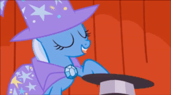 Size: 853x479 | Tagged: safe, artist:madameleflour, derpibooru import, snips, trixie, pony, unicorn, animated, bunny costume, bunny out of the hat, cape, clothes, coat, female, hat, magic trick, mare, pmv, shy, smiling, top hat, trick, trixie's cape, trixie's hat, youtube link