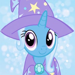 Size: 640x640 | Tagged: safe, artist:ponysource, derpibooru import, trixie, unicorn, cape, clothes, cute, diatrixes, female, hat, looking at you, smiling, solo, trixie's cape, trixie's hat