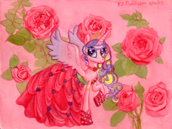 Size: 3563x2681 | Tagged: safe, artist:kelseyleah, princess cadance, alicorn, pony, clothes, dress, flower, rose, solo, traditional art