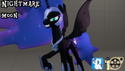 Size: 1920x1080 | Tagged: safe, artist:beardeddoomguy, nightmare moon, shining armor, pony, unicorn, .zip file at source, 3d, film reel, gmod, solo, source filmmaker