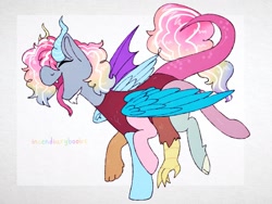 Size: 2048x1536 | Tagged: safe, artist:incendiaryboobs, discord, pinkie pie, rainbow dash, draconequus, earth pony, pony, eyes closed, fusion, multiple wings, open mouth, six legs, solo, tongue out, wings