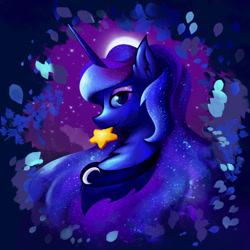 Size: 1000x1000 | Tagged: safe, artist:artist-apprentice587, princess luna, alicorn, pony, moon, mouth hold, solo, stars, tangible heavenly object