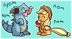 Size: 865x472 | Tagged: safe, artist:nidote-the-nidoran, applejack, earth pony, pony, apple, crossover, female, food, mare, meat, nidoqueen, pokémon