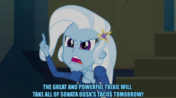 Size: 1440x809 | Tagged: safe, derpibooru import, edit, edited screencap, screencap, trixie, equestria girls, rainbow rocks, caption, female, image macro, meme, text, trixie yells at everything