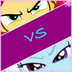 Size: 1000x1000 | Tagged: safe, derpibooru import, sunset shimmer, trixie, equestria girls, blue skin, female, two toned hair, vs