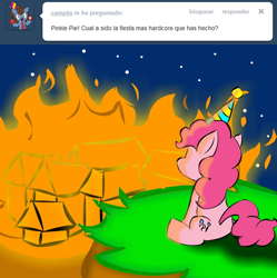 Size: 950x953 | Tagged: safe, artist:benja, pinkie pie, earth pony, pony, ask-ask-the-ponies, fire, palindrome get, solo, spanish, tumblr