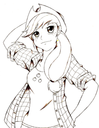 Size: 1607x2068 | Tagged: safe, artist:tifamex, applejack, humanized, monochrome, solo