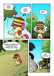 Size: 1201x1700 | Tagged: safe, artist:tarkron, apple bloom, oc, earth pony, pony, comic:ghosts of the past, apple, comic, dialogue, duo, female, filly, food, silhouette, singing, sweet apple acres, unnamed oc