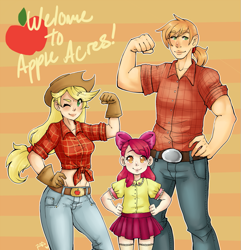 Size: 867x900 | Tagged: safe, artist:rap1993, apple bloom, applejack, big macintosh, applebucking thighs, clothes, front knot midriff, humanized, midriff, skirt