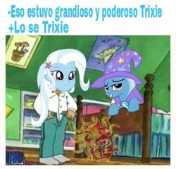 Size: 480x458 | Tagged: safe, derpibooru import, edit, sunset shimmer, trixie, pony, equestria girls, arthur, human ponidox, meme, self ponidox, selfcest, shipping, spanish, translation in description