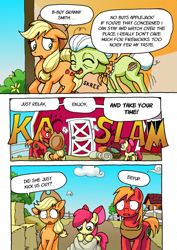 Size: 1201x1700 | Tagged: safe, artist:tarkron, apple bloom, applejack, big macintosh, granny smith, earth pony, pony, comic:ghosts of the past, apple siblings, blanket, comic, dialogue, female, filly, floppy ears, male, mare, onomatopoeia, shoving, stallion, sweet apple acres, sweet apple acres barn