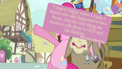 Size: 1280x720 | Tagged: safe, edit, edited screencap, screencap, cranky doodle donkey, pinkie pie, donkey, earth pony, pony, a friend in deed, meta, pony confession, ponyville, text