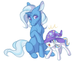 Size: 592x491 | Tagged: safe, artist:nycket, derpibooru import, trixie, oc, oc:moondancer, pony, unicorn, colt, female, male, mare, next generation, offspring, pandoraverse, parent:prince blueblood, parent:trixie, parents:bluetrix, trixie's hat