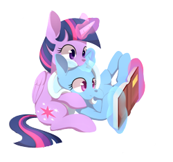 Size: 1280x1205 | Tagged: safe, artist:sion, derpibooru import, edit, trixie, twilight sparkle, twilight sparkle (alicorn), alicorn, pony, unicorn, book, female, lesbian, mare, reading, shipping, simple background, transparent background, twixie, vector