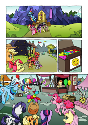 Size: 1201x1700 | Tagged: safe, artist:tarkron, apple bloom, applejack, big macintosh, fluttershy, pinkie pie, rainbow dash, rarity, scootaloo, sweetie belle, twilight sparkle, twilight sparkle (alicorn), alicorn, earth pony, pegasus, pony, unicorn, comic:ghosts of the past, apple siblings, balloon, balloon animal, blowing up balloons, clown, comic, cutie mark crusaders, female, festival, filly, male, mane six, mare, no dialogue, stallion, twilight's castle
