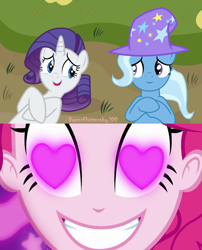 Size: 1024x1268 | Tagged: safe, artist:superfluttershy100, derpibooru import, pinkie pie, rarity, trixie, pony, unicorn, coinky-dink world, eqg summertime shorts, equestria girls, exploitable meme, female, heart eyes, lesbian, mare, meme, pinkie's eyes, rarixie, shipping, wingding eyes