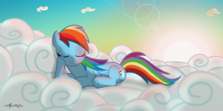 Size: 3000x1500 | Tagged: safe, artist:apollobroda, rainbow dash, pegasus, pony, blue coat, female, mare, multicolored mane, nap, sleeping, solo