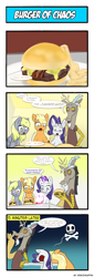 Size: 660x1914 | Tagged: safe, artist:reikomuffin, applejack, derpy hooves, discord, rarity, earth pony, pegasus, pony, unicorn, 4koma, burger, comic, female, food, mare, ponies eating meat, sick