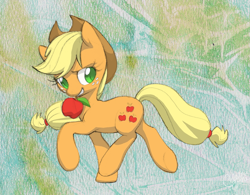 Size: 1833x1431 | Tagged: safe, artist:dawnfire, applejack, earth pony, pony, apple, bedroom eyes, colored pupils, looking at you, mouth hold, obligatory apple, solo