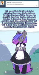 Size: 900x1718 | Tagged: safe, artist:darkestmbongo, oc, oc only, oc:d.d, anthro, earth pony, unguligrade anthro, apron, arm hooves, clothes, dialogue, dress, eyeliner, eyeshadow, female, frilly dress, gloves, maid, makeup, mare, solo, stockings, thigh highs